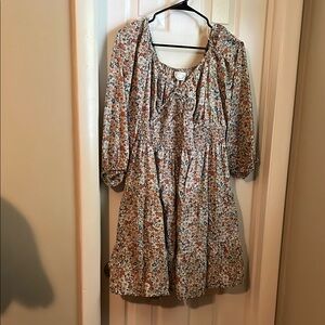 ARULA Orange and Blue Tiered Mini Dress with Bishop Sleeves and Pockets